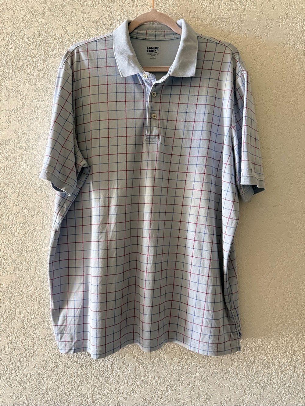 LANDS’ END Mens Polo Casual Grid Plaid Short Sleeve‎ Shirt 100% Cotton Size XL